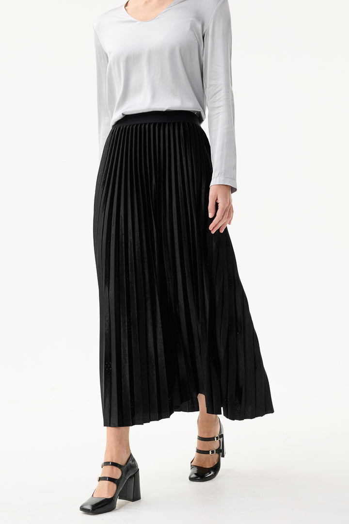 Leo & Ugo Skirt KHJ902 Black Pleated Crystal Detail Maxi Skirt