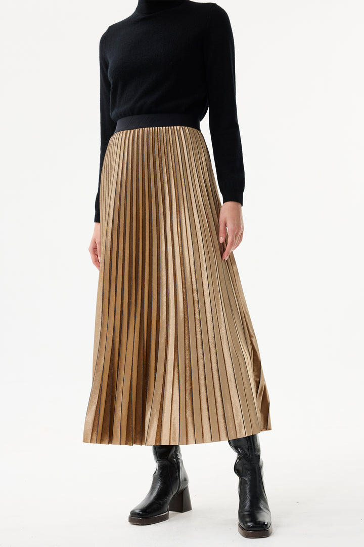 Leo & Ugo Skirt KHJ952 Beige Pleated Pull-On Maxi Skirt