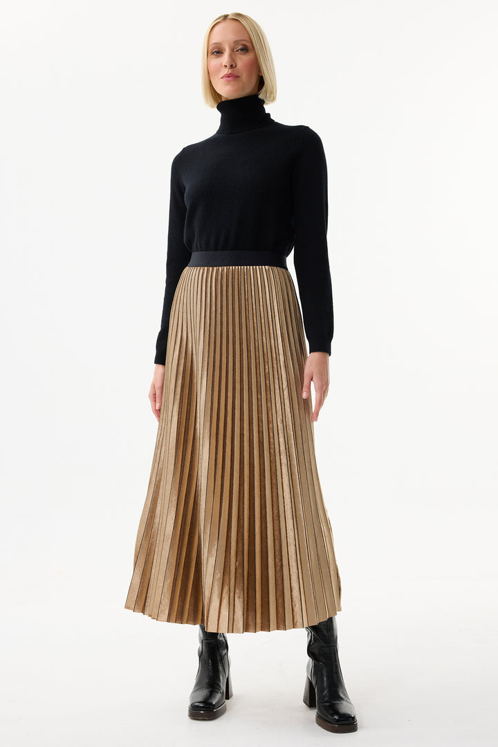 Leo & Ugo Skirt KHJ952 Beige Pleated Pull-On Maxi Skirt