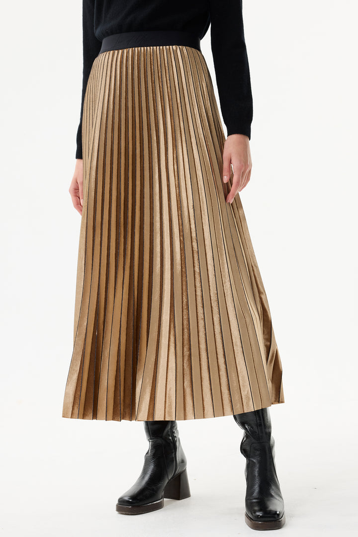 Leo & Ugo Skirt KHJ952 Beige Pleated Pull-On Maxi Skirt