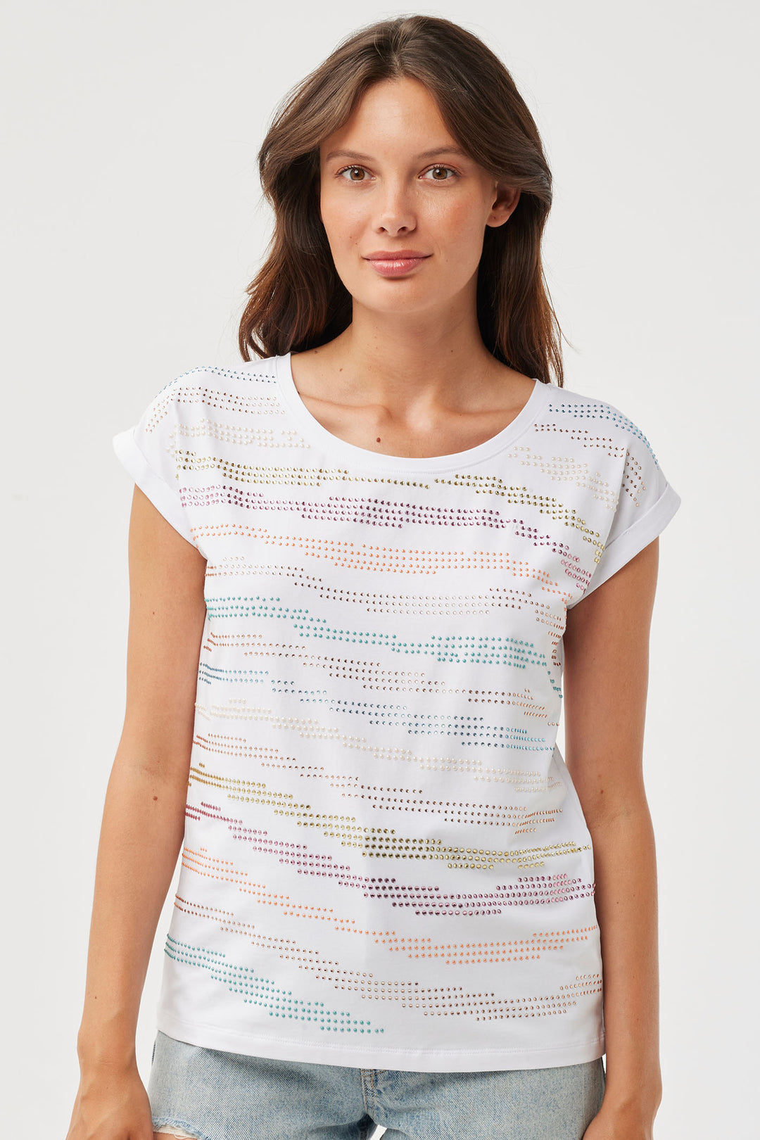 Leo & Ugo TED786 White Rainbow Crystal Wide Neck T-Shirt - Experience Boutique