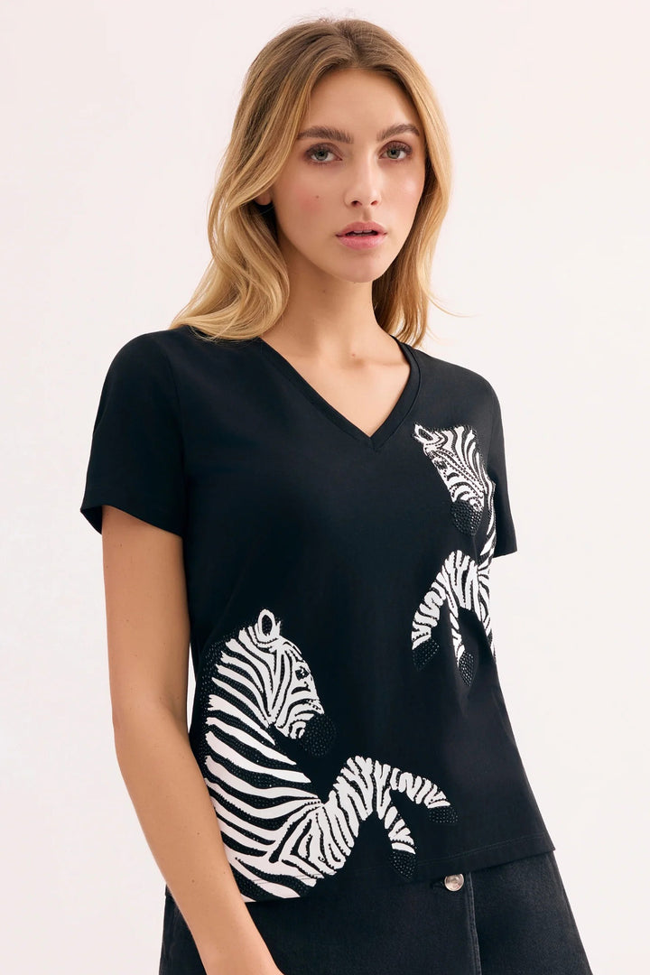 Leo &amp; Ugo TEJ999 Black Crystal Zebra T-Shirt Top