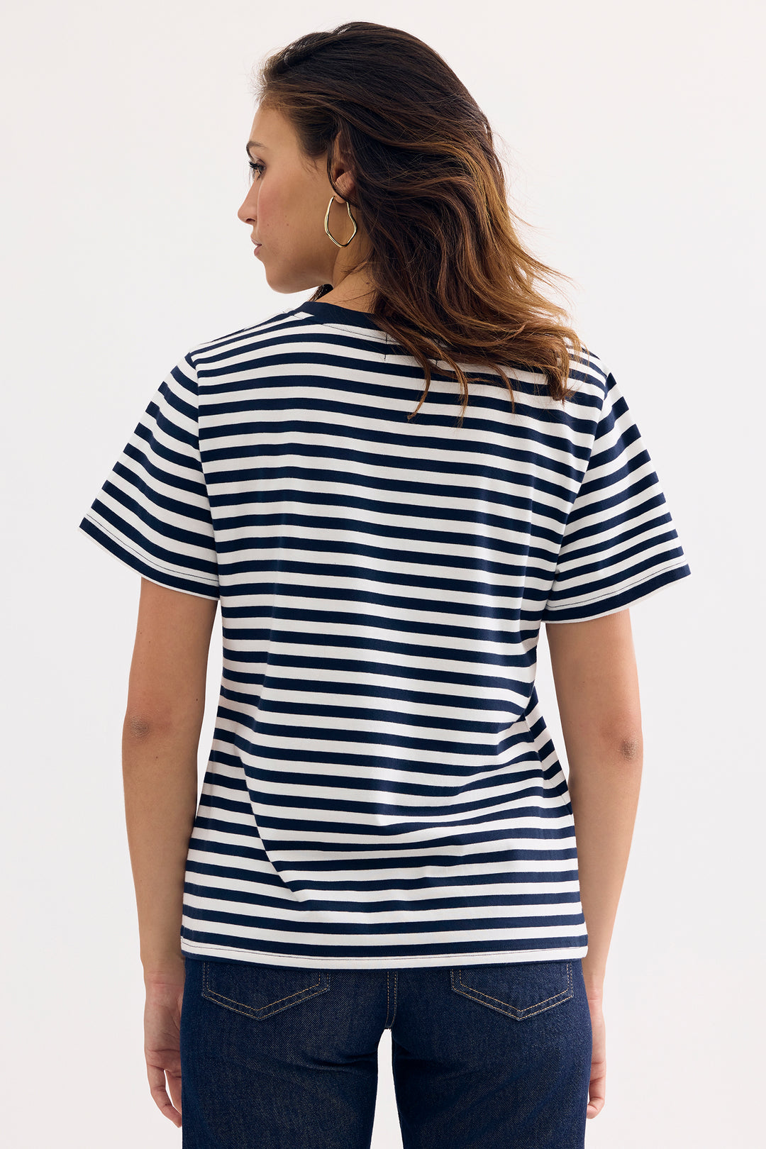 Leo &amp; Ugo TEK090 Navy White Stripe Embroidered Holiday Motif T-Shirt