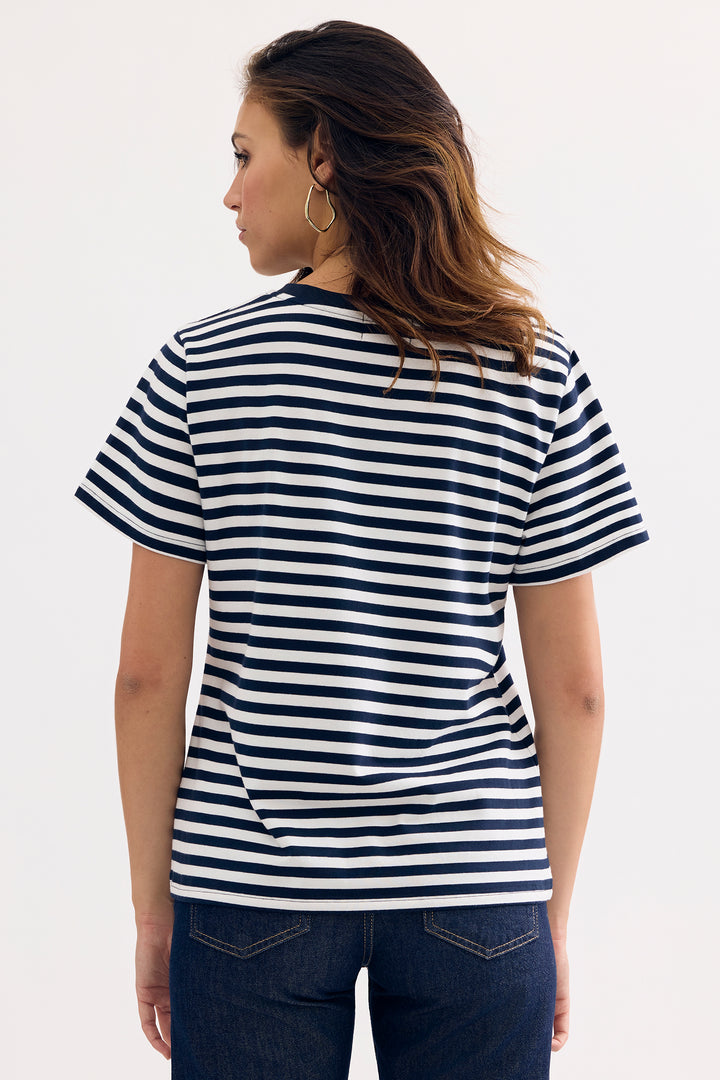 Leo &amp; Ugo TEK090 Navy White Stripe Embroidered Holiday Motif T-Shirt