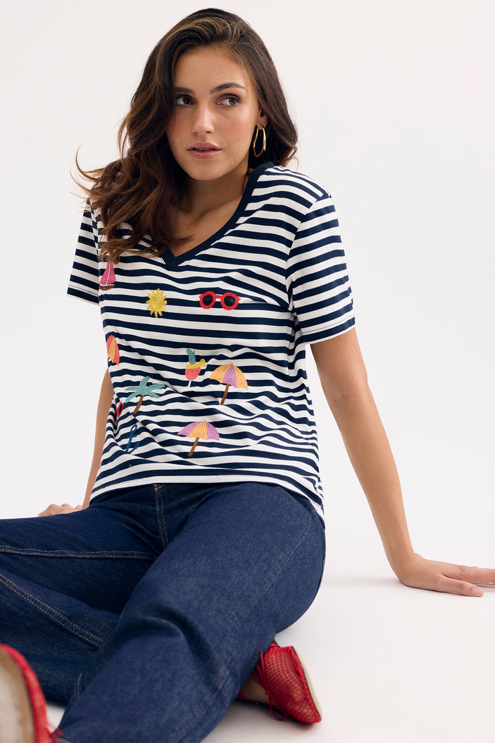 Leo &amp; Ugo TEK090 Navy White Stripe Embroidered Holiday Motif T-Shirt
