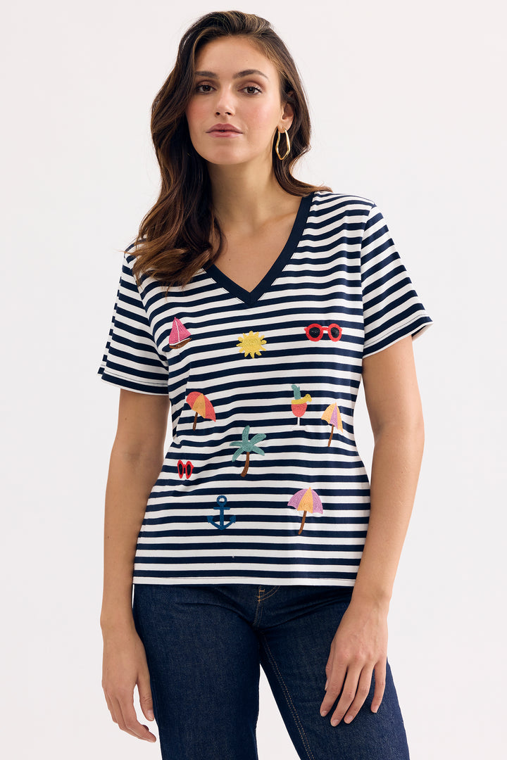 Leo &amp; Ugo TEK090 Navy White Stripe Embroidered Holiday Motif T-Shirt