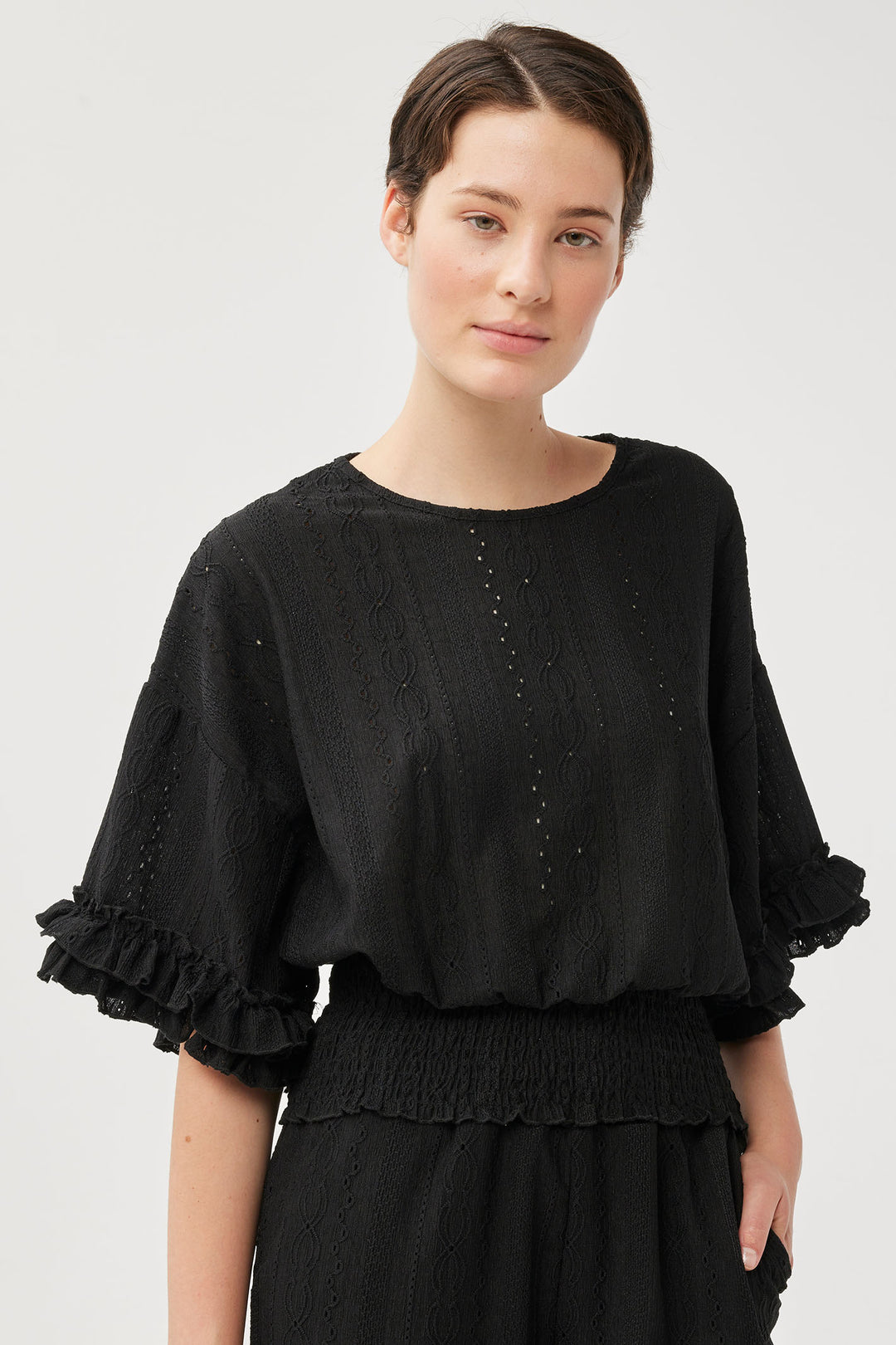 Leo & Ugo TEV446 Black Embroidered Ruffle Sleeve Top - Experience Boutique