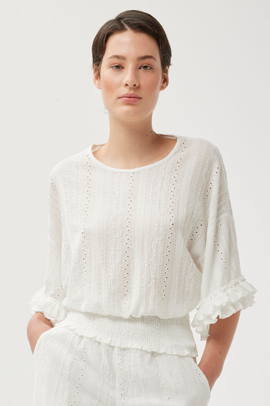 Leo & Ugo TEV446 White Embroidered Ruffle Sleeve Top - Experience Boutique