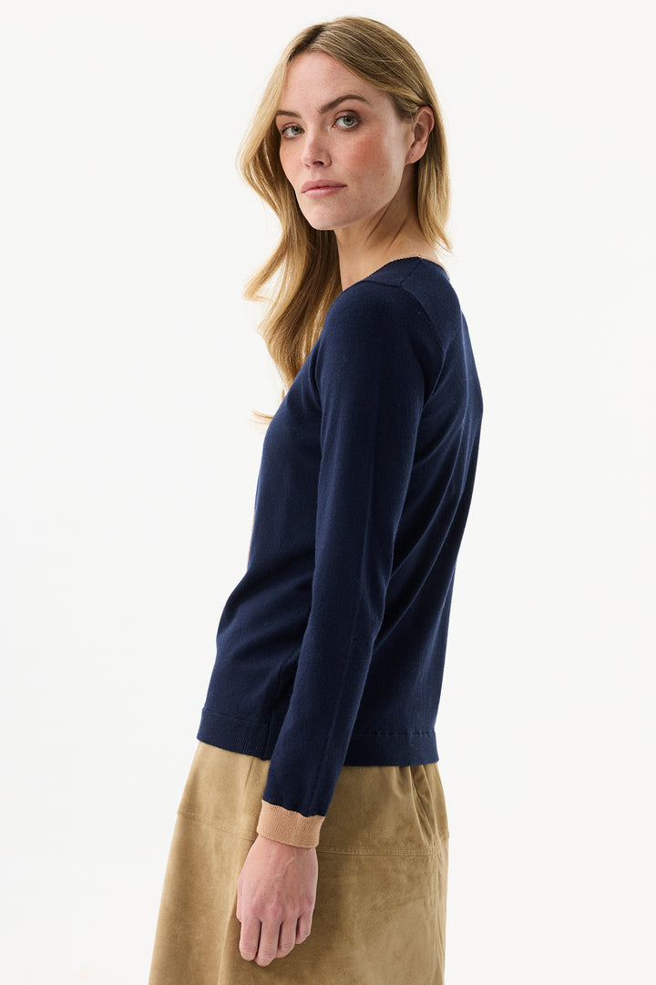 Leo & Ugo Top AW110 Navy Beige Cat Design Jumper