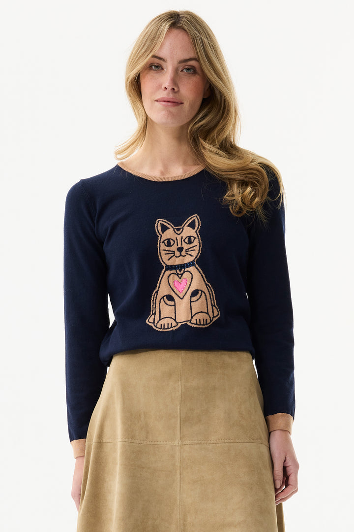 Leo & Ugo Top AW110 Navy Beige Cat Design Jumper