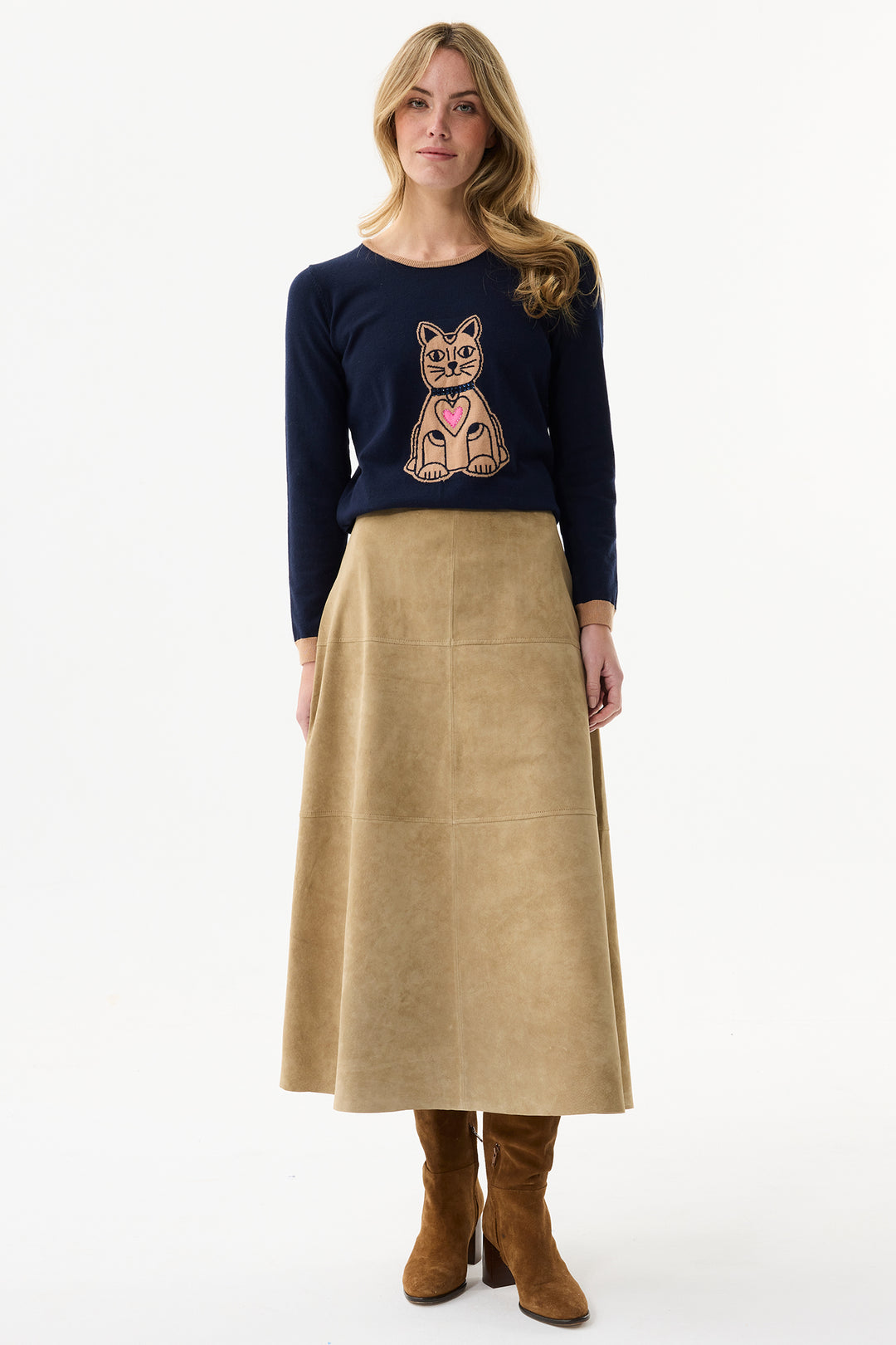 Leo & Ugo Top AW110 Navy Beige Cat Design Jumper