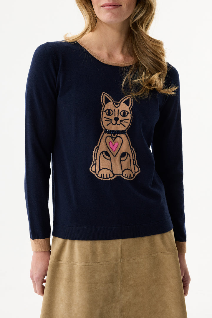 Leo & Ugo Top AW110 Navy Beige Cat Design Jumper