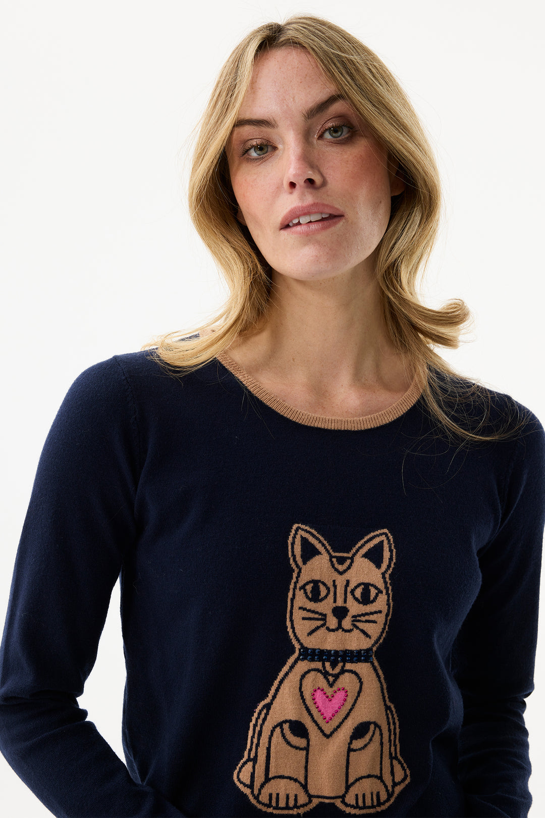 Leo & Ugo Top AW110 Navy Beige Cat Design Jumper