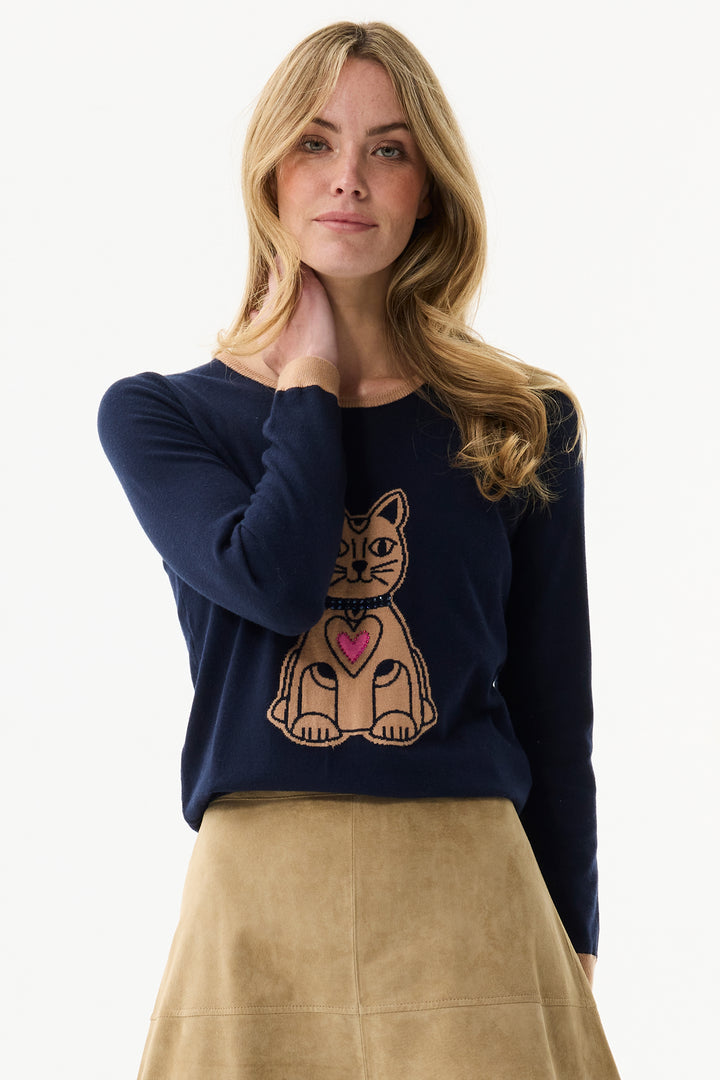 Leo & Ugo Top AW110 Navy Beige Cat Design Jumper