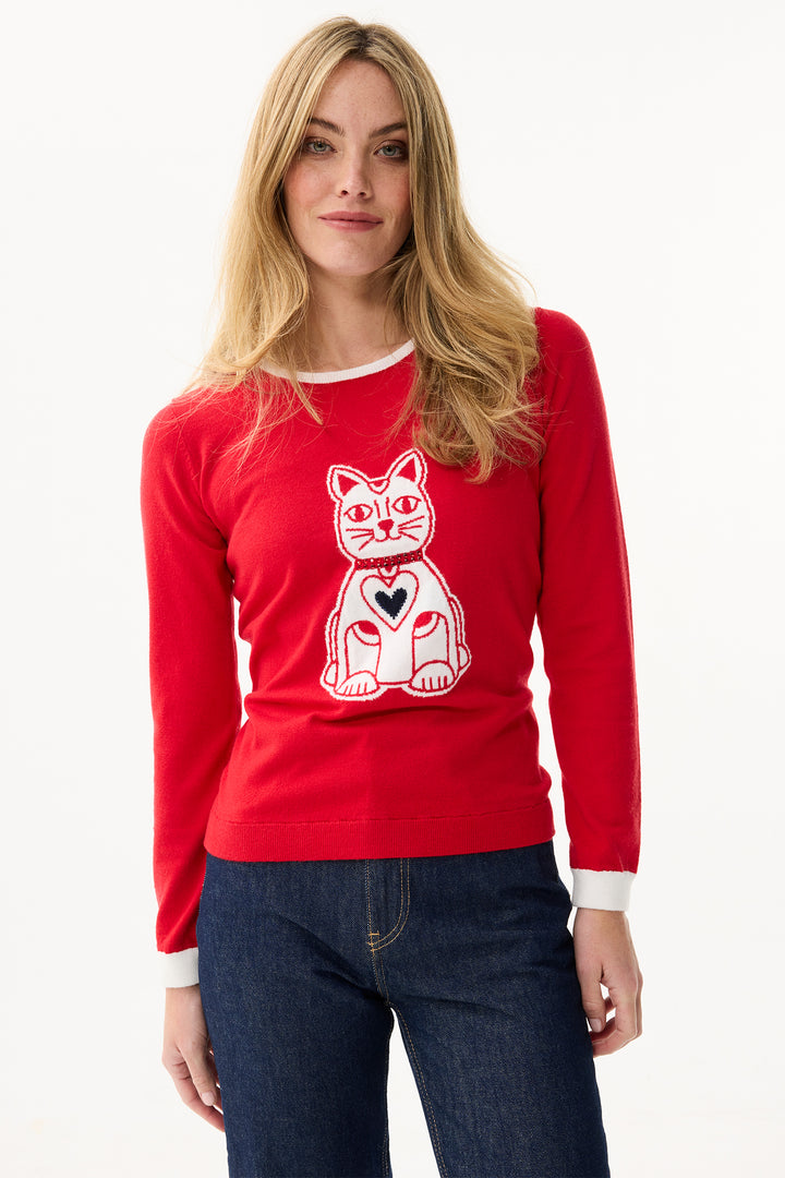 Leo & Ugo Top AW110 Red White Cat Design Jumper