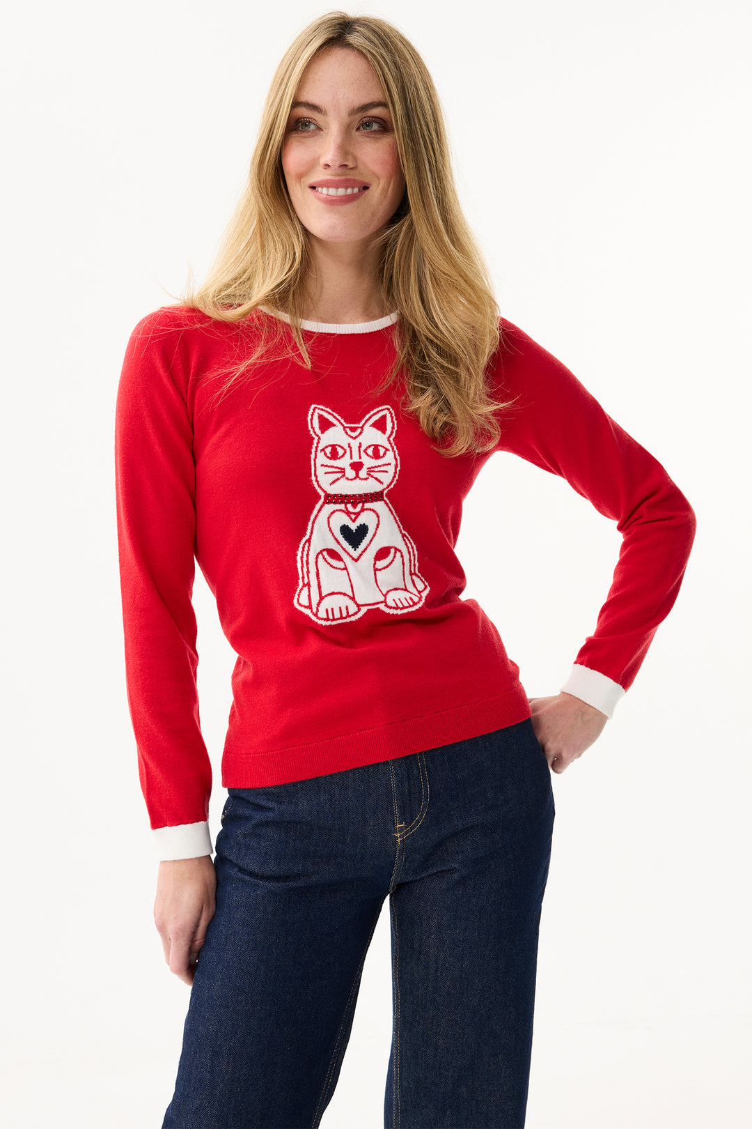 Leo & Ugo Top AW110 Red White Cat Design Jumper