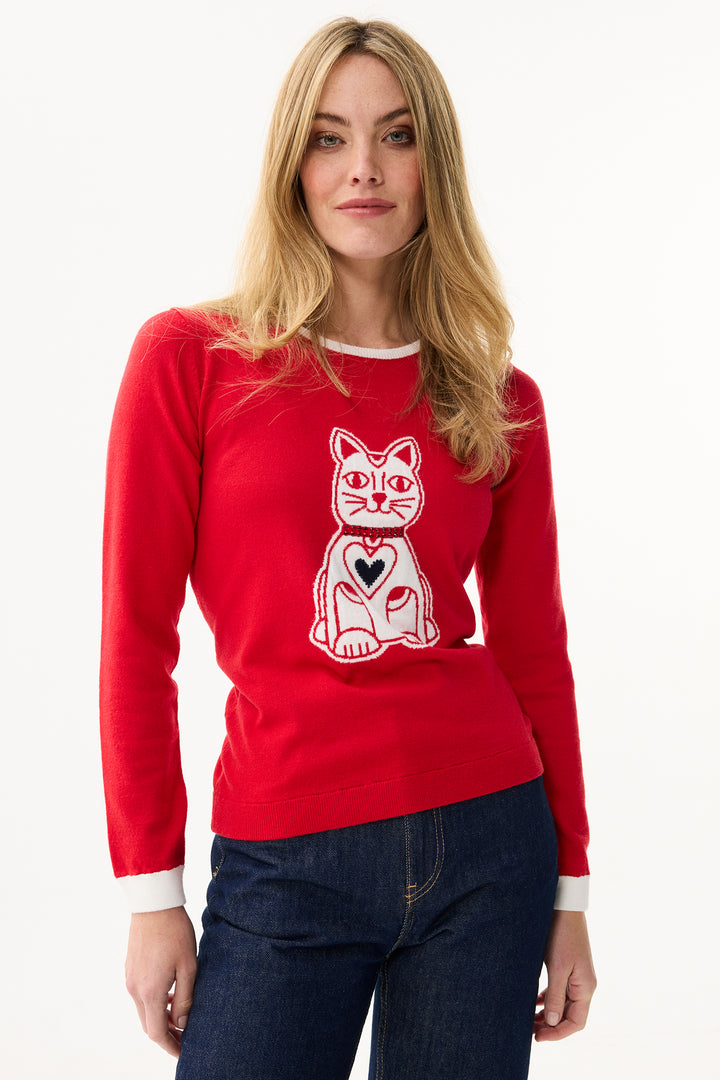 Leo & Ugo Top AW110 Red White Cat Design Jumper