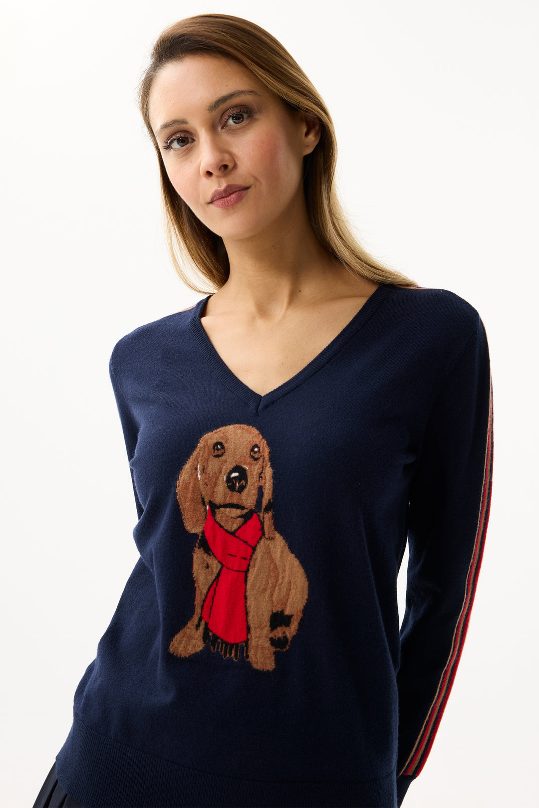 Leo & Ugo Top AW170 Navy Red Dachshund Dog V-Neck Jumper
