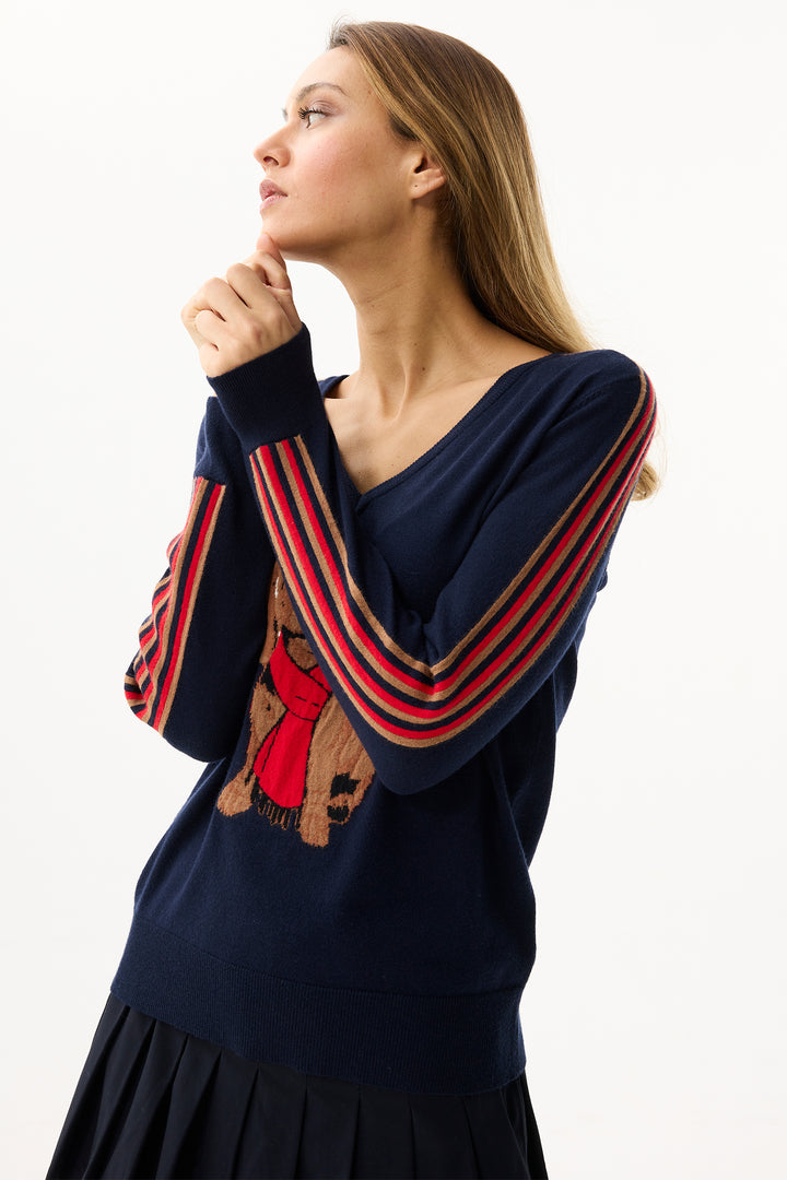 Leo & Ugo Top AW170 Navy Red Dachshund Dog V-Neck Jumper