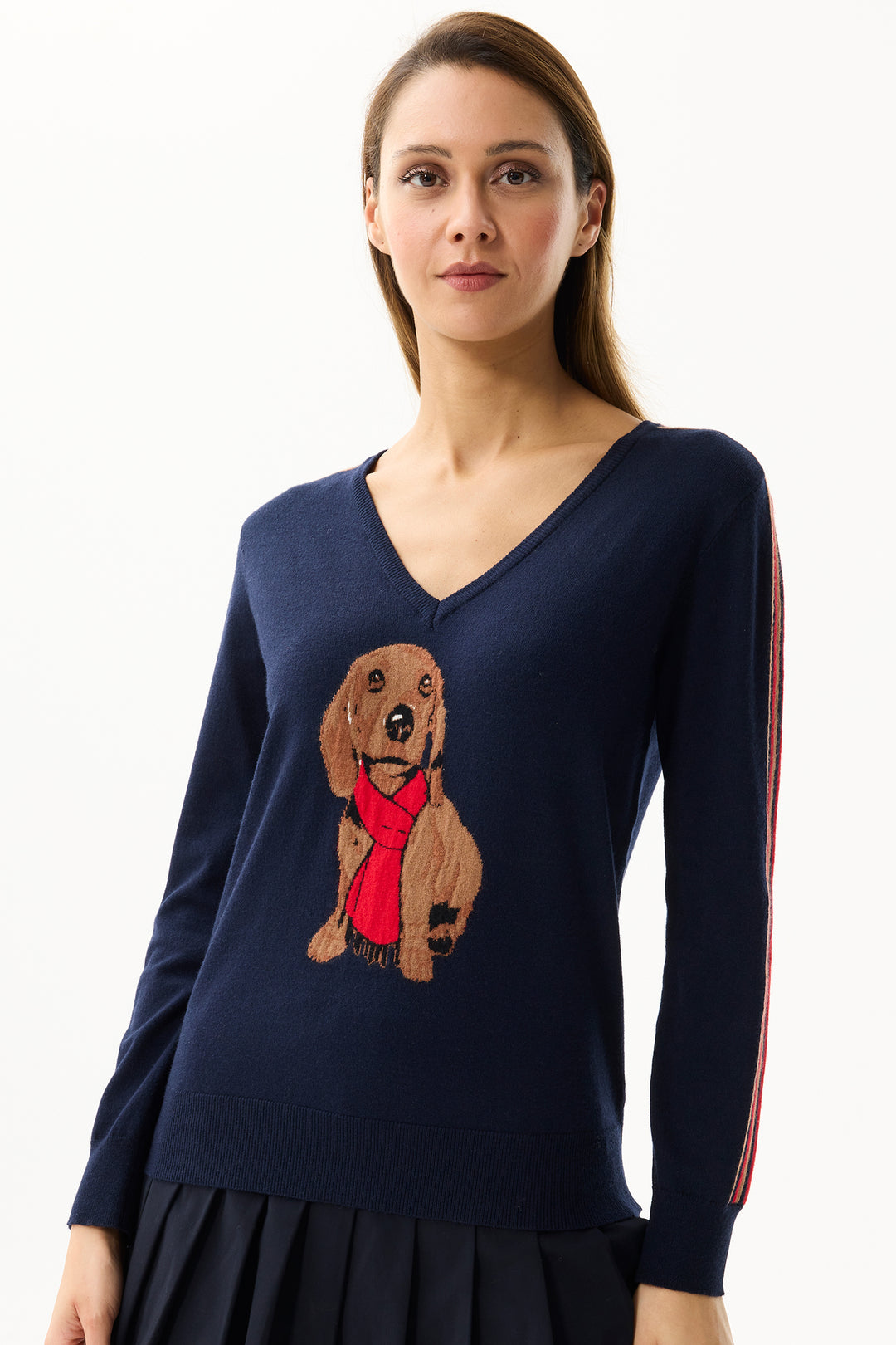 Leo & Ugo Top AW170 Navy Red Dachshund Dog V-Neck Jumper