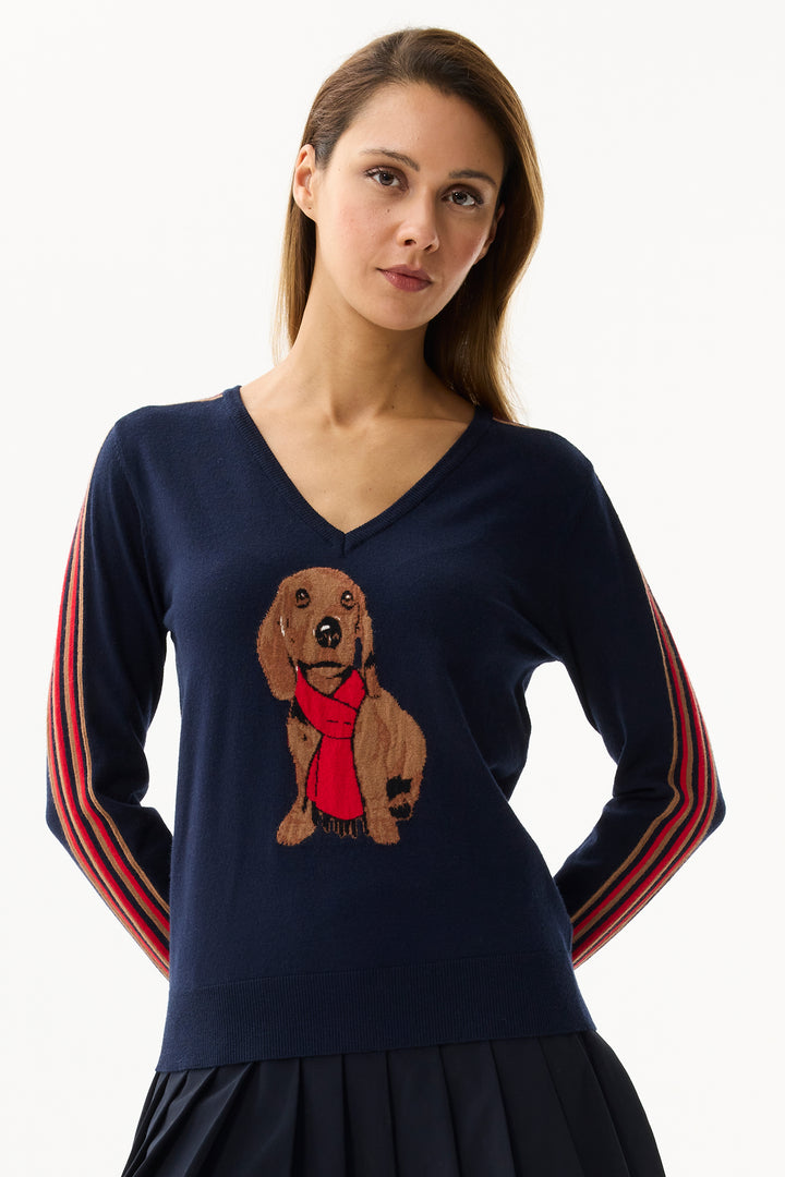 Leo & Ugo Top AW170 Navy Red Dachshund Dog V-Neck Jumper