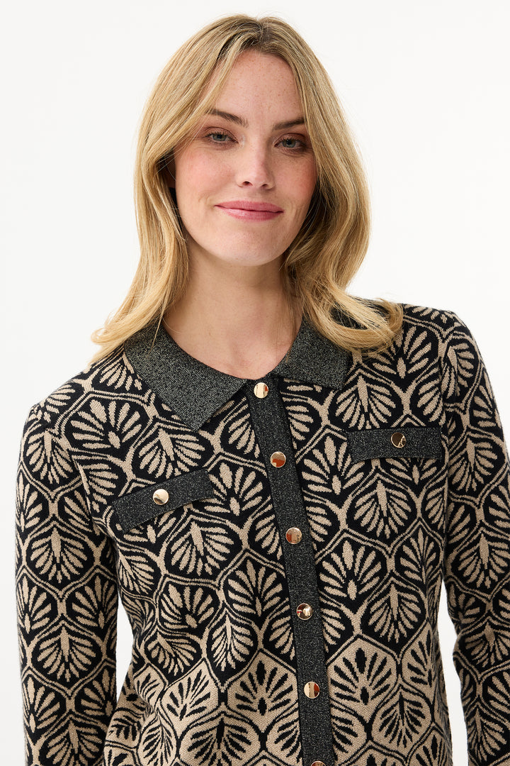 Leo & Ugo Top AW400 Black Gold Lurex Leaf Design Cardigan Jacket
