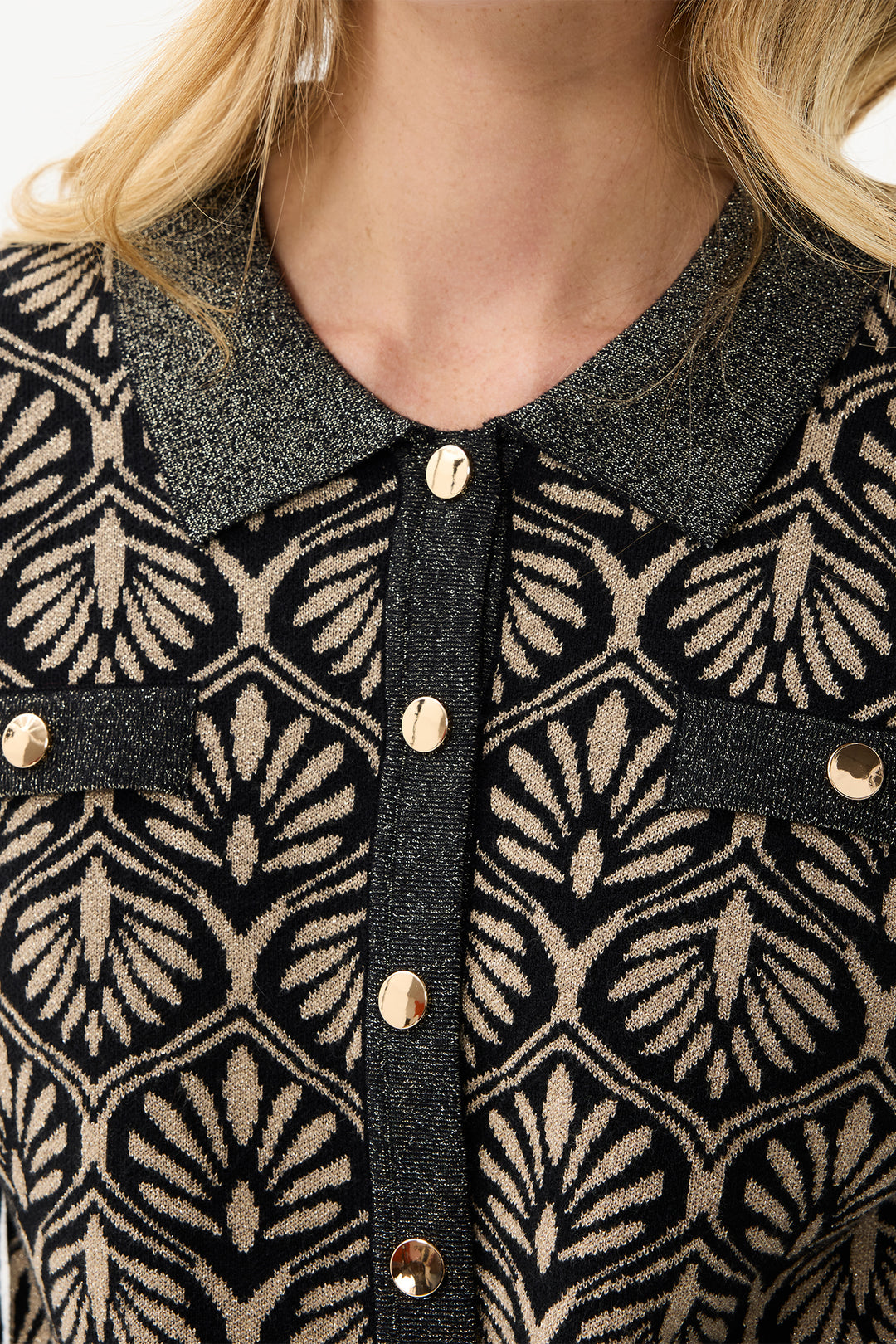 Leo & Ugo Top AW400 Black Gold Lurex Leaf Design Cardigan Jacket