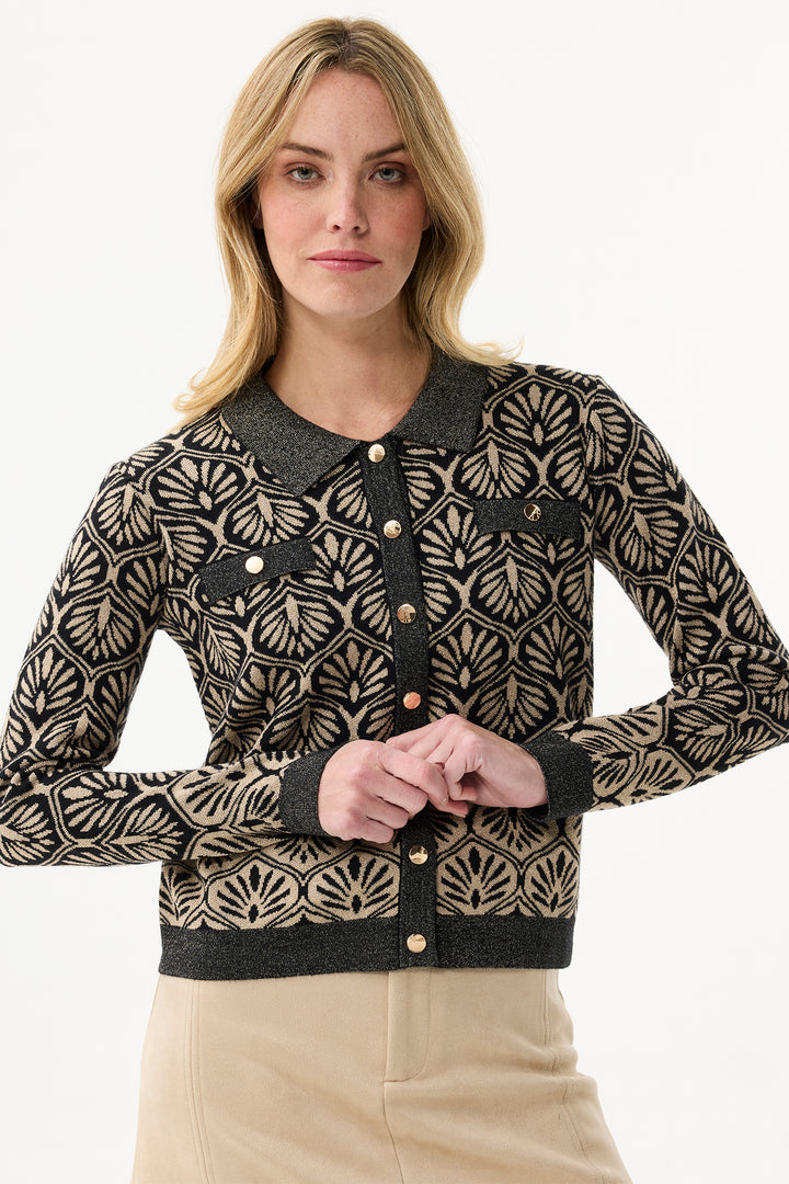 Leo & Ugo Top AW400 Black Gold Lurex Leaf Design Cardigan Jacket