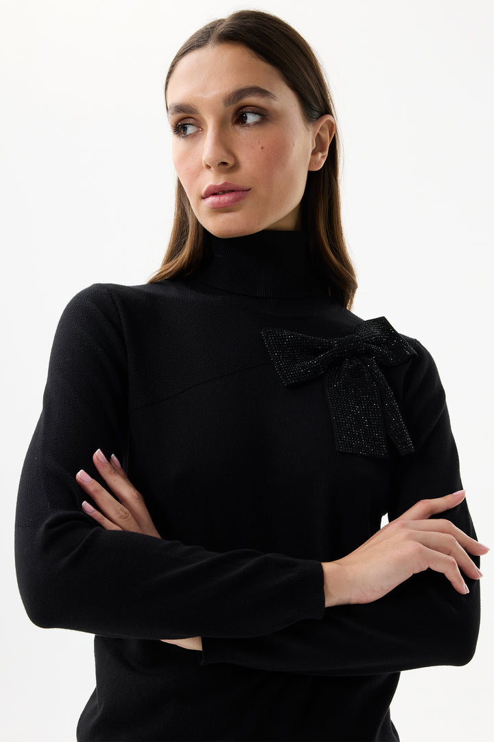 Leo & Ugo Top BW300 Black Crystal Bow Polo Neck Jumper