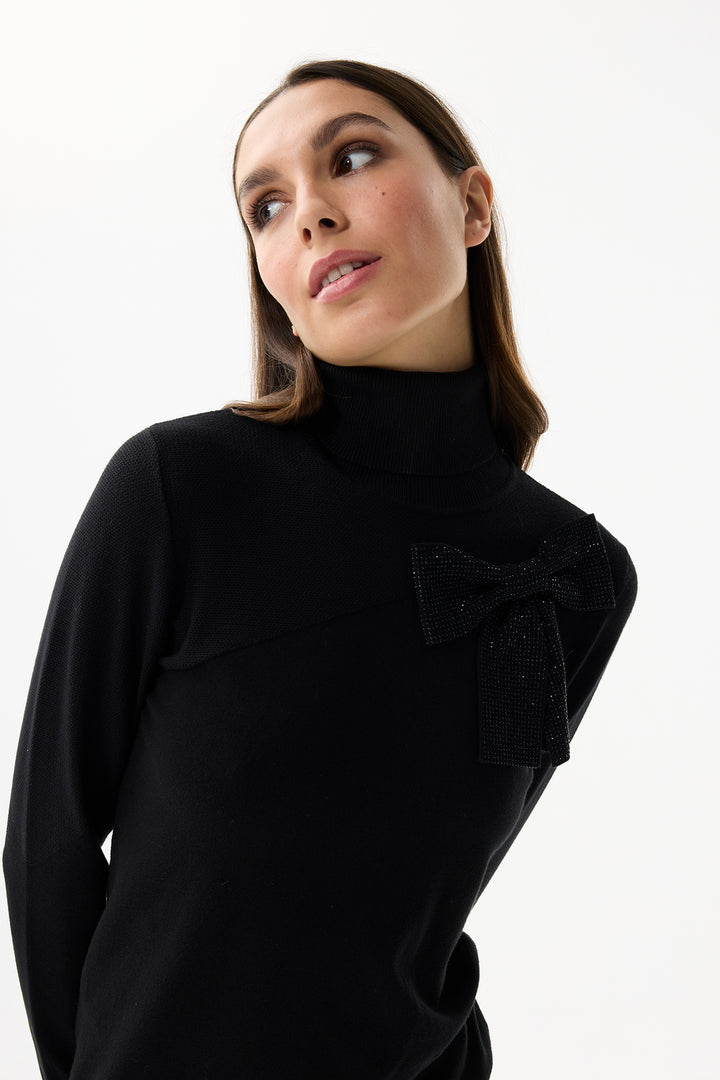 Leo & Ugo Top BW300 Black Crystal Bow Polo Neck Jumper