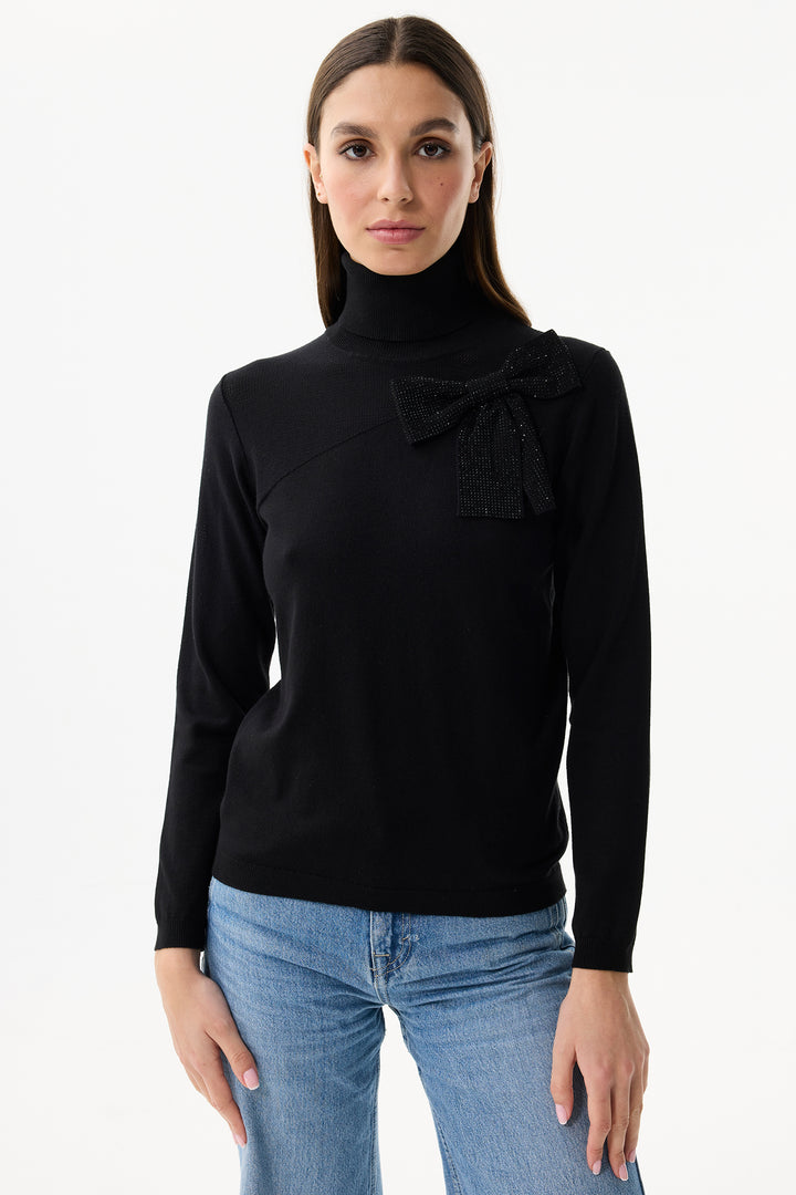 Leo & Ugo Top BW300 Black Crystal Bow Polo Neck Jumper