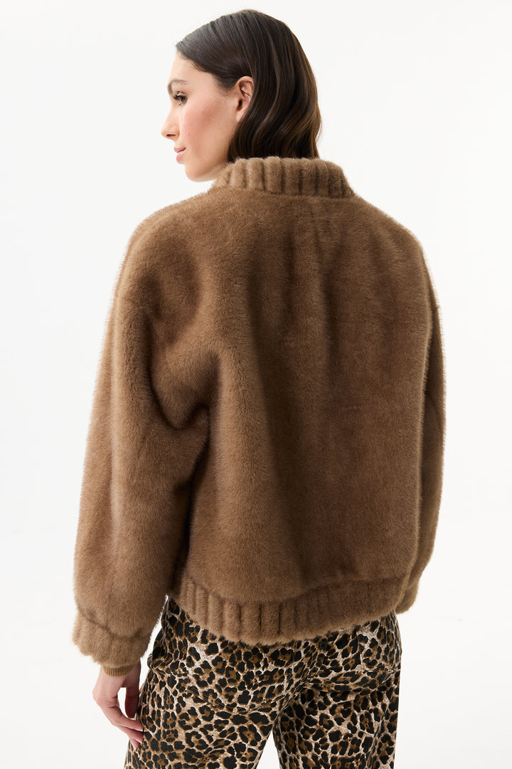 Leo & Ugo Top KH920 Camel Brown Faux Fur Toggle Jacket