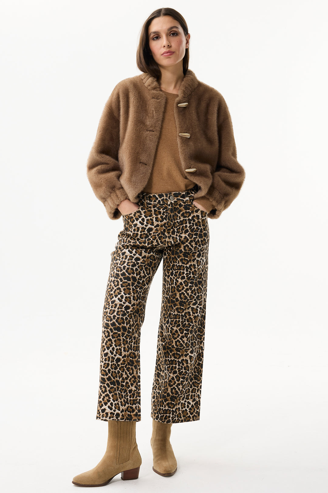 Leo & Ugo Top KH920 Camel Brown Faux Fur Toggle Jacket