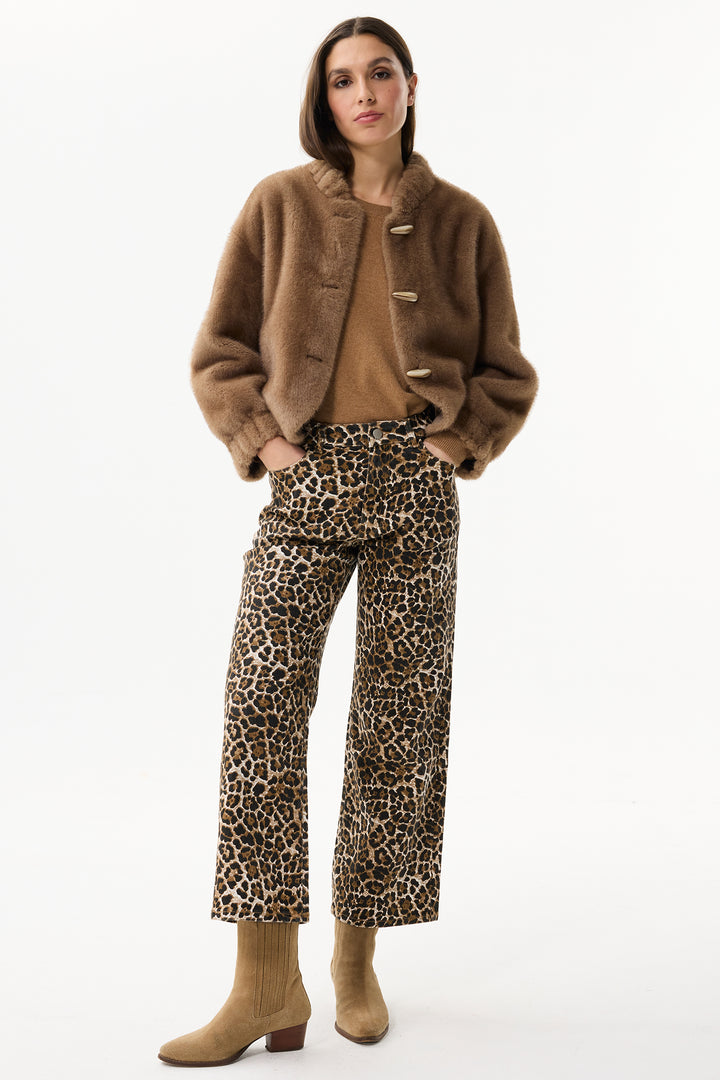 Leo & Ugo Top KH920 Camel Brown Faux Fur Toggle Jacket