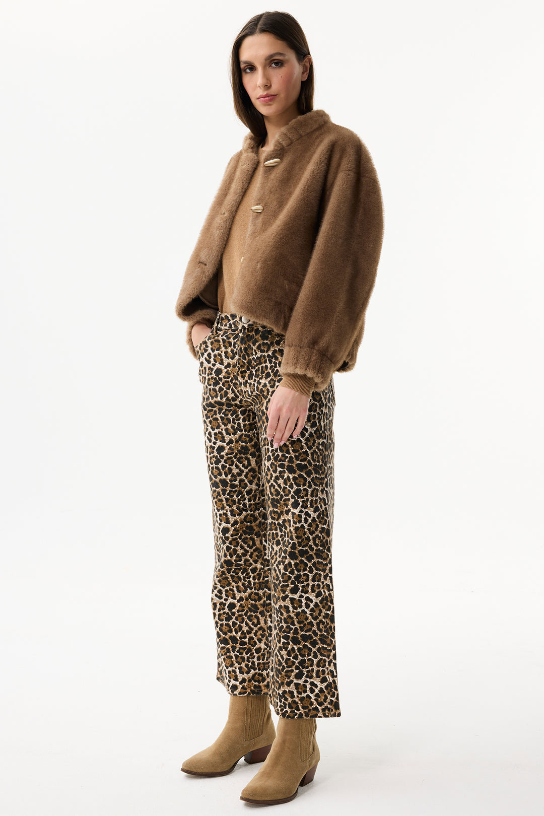 Leo & Ugo Top KH920 Camel Brown Faux Fur Toggle Jacket