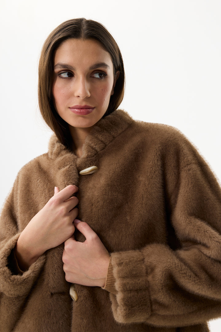 Leo & Ugo Top KH920 Camel Brown Faux Fur Toggle Jacket