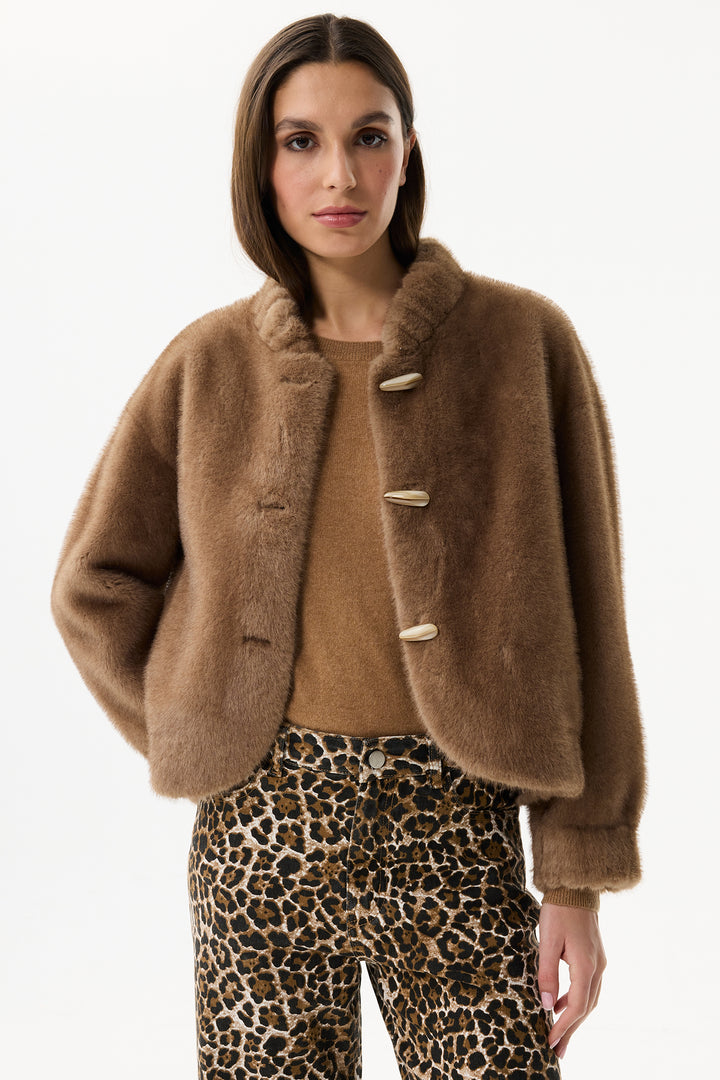 Leo & Ugo Top KH920 Camel Brown Faux Fur Toggle Jacket