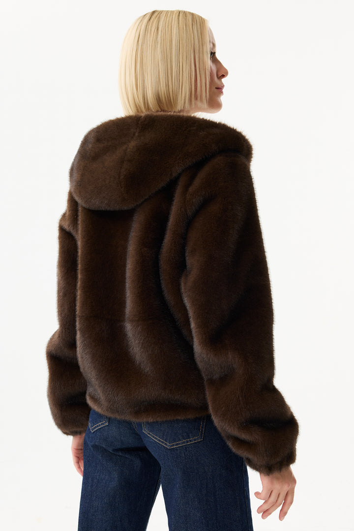 Leo & Ugo Top KH921 Reversible Brown Faux Fur Hooded Jacket