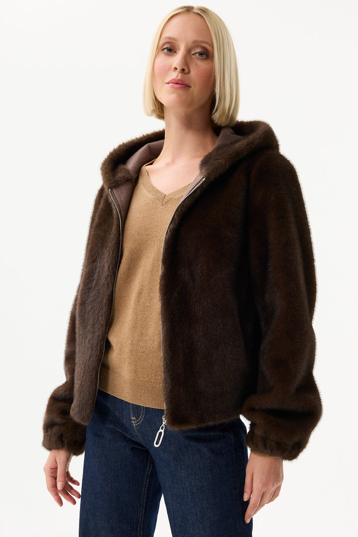 Leo & Ugo Top KH921 Reversible Brown Faux Fur Hooded Jacket