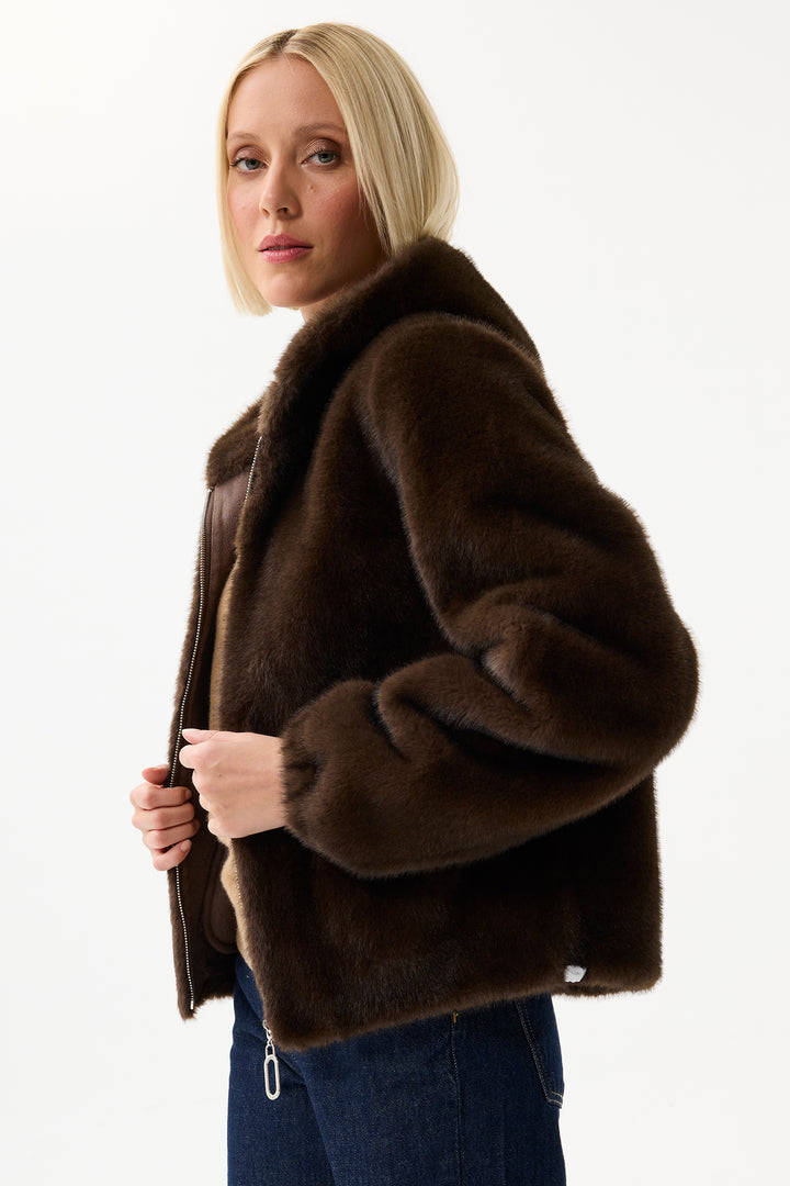 Leo & Ugo Top KH921 Reversible Brown Faux Fur Hooded Jacket