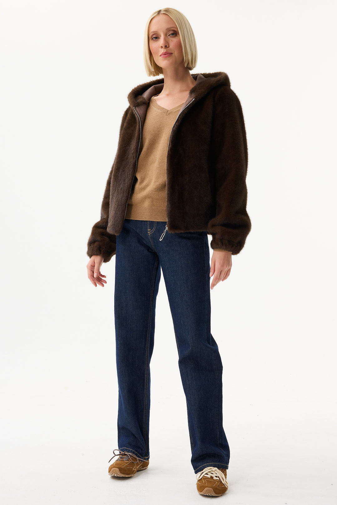 Leo & Ugo Top KH921 Reversible Brown Faux Fur Hooded Jacket