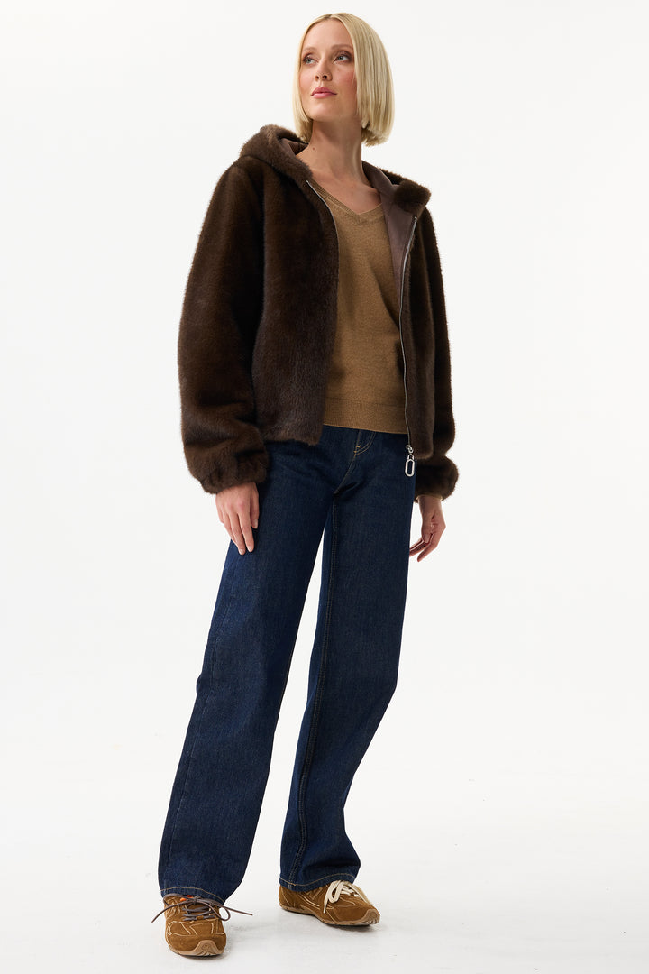 Leo & Ugo Top KH921 Reversible Brown Faux Fur Hooded Jacket