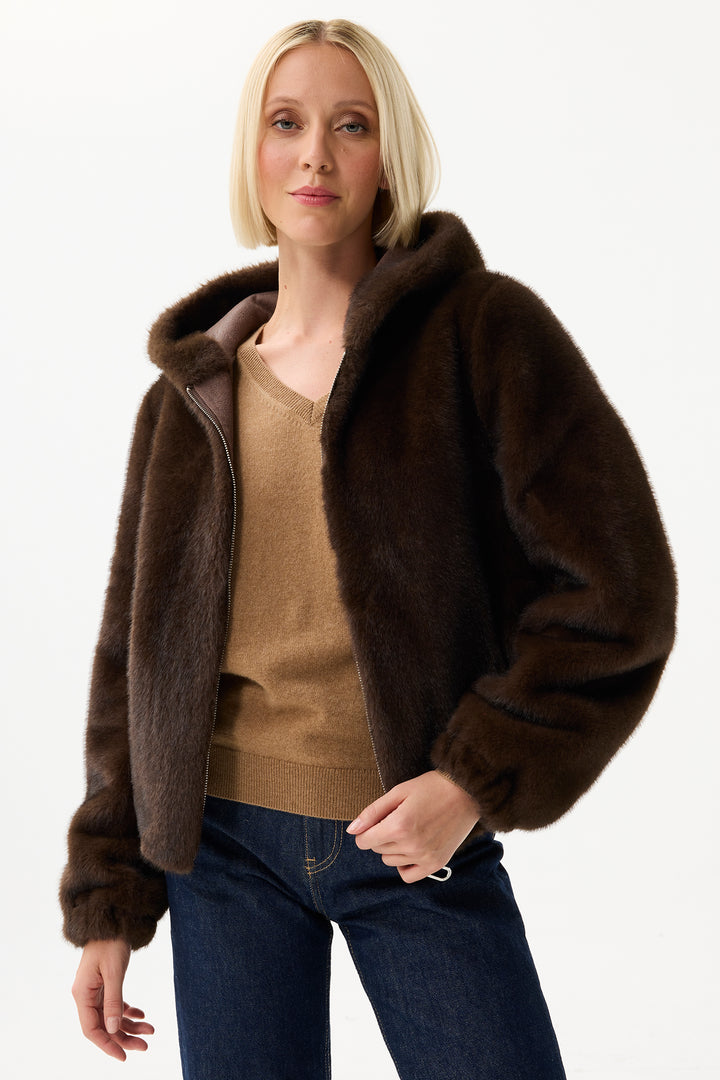 Leo & Ugo Top KH921 Reversible Brown Faux Fur Hooded Jacket