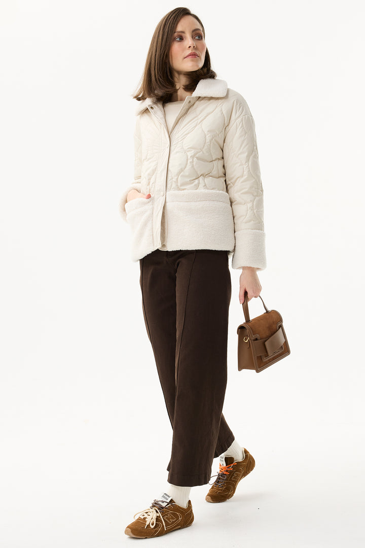 Leo & Ugo Top KH961 Cream Quilted Plush Detail Jacket