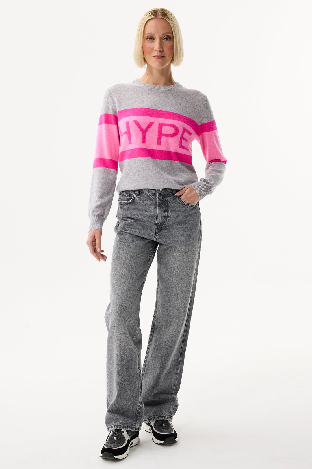 Leo & Ugo Top KH968 Grey Pink Stripe Hype Motif Jumper