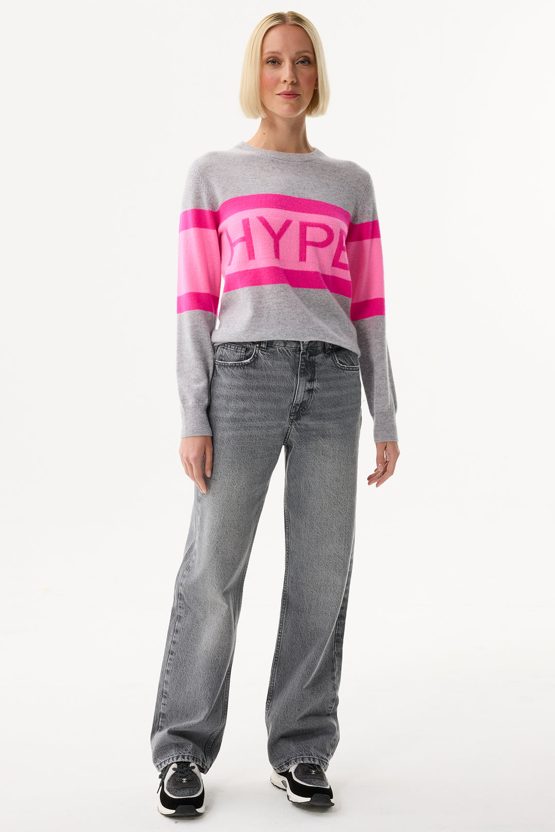 Leo & Ugo Top KH968 Grey Pink Stripe Hype Motif Jumper