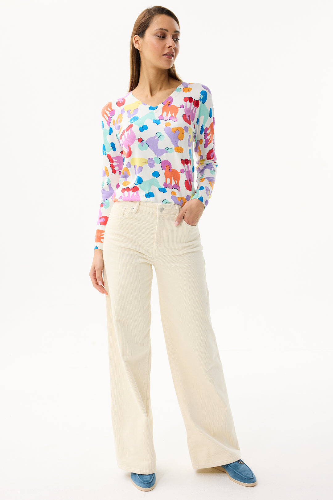 Leo & Ugo Top PH033 Multicolour Poodle Design V-Neck Jumper