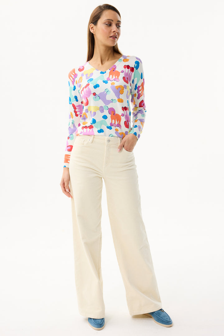 Leo & Ugo Top PH033 Multicolour Poodle Design V-Neck Jumper
