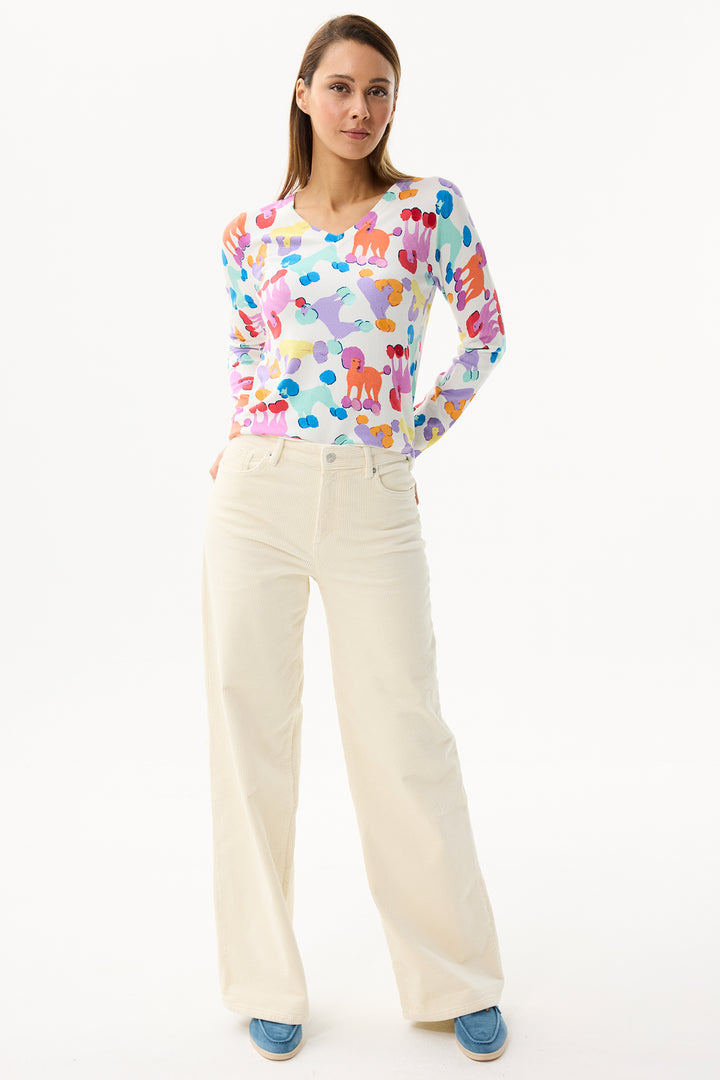 Leo & Ugo Top PH033 Multicolour Poodle Design V-Neck Jumper
