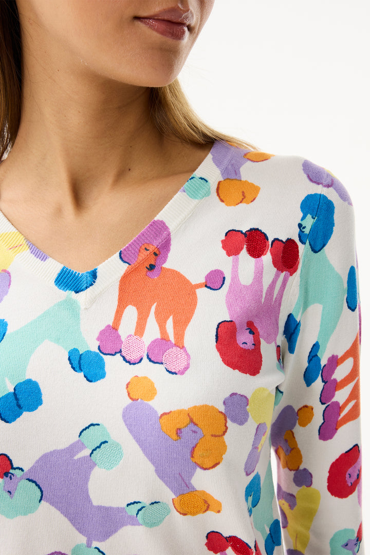 Leo & Ugo Top PH033 Multicolour Poodle Design V-Neck Jumper